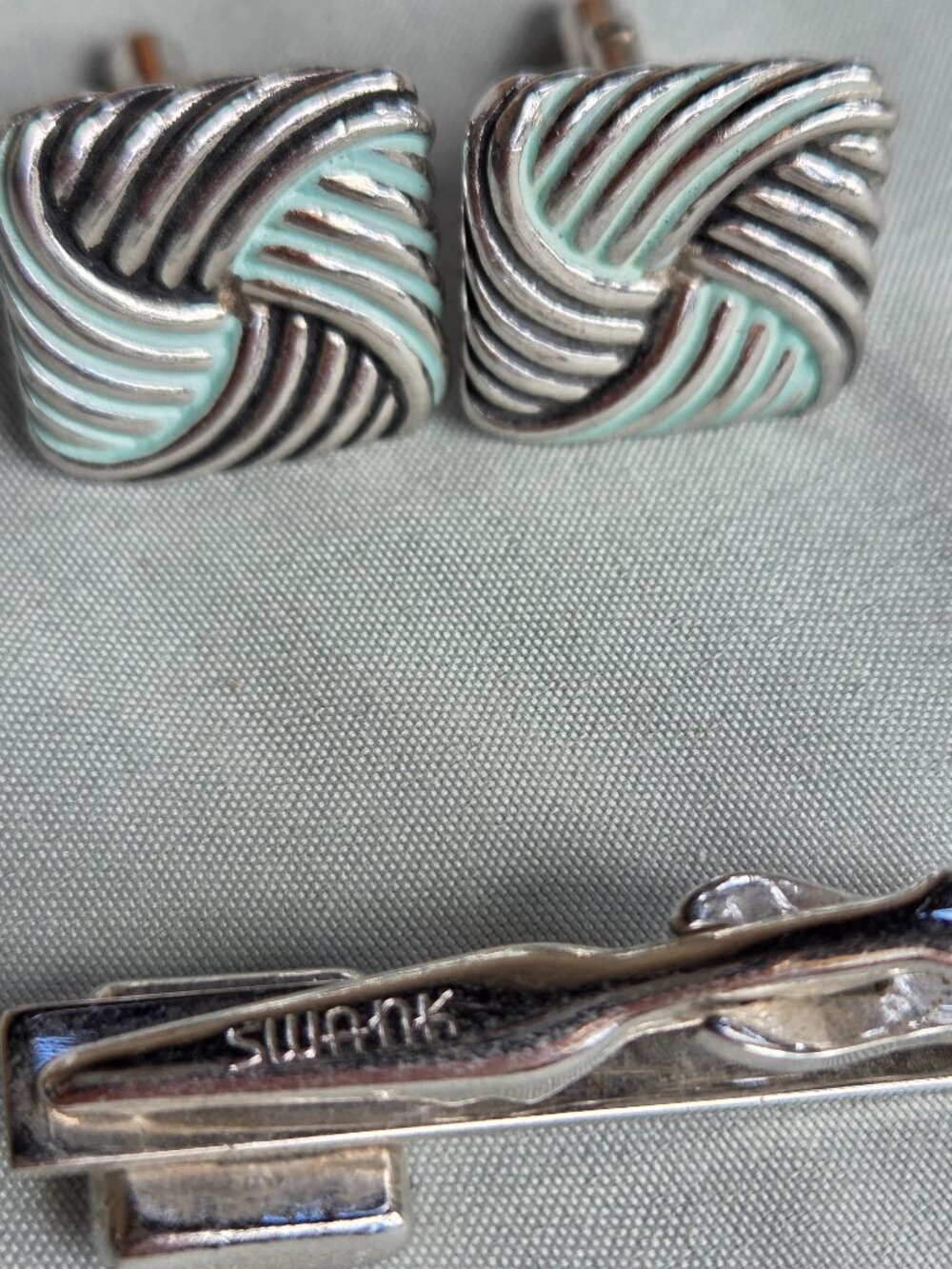 Vintage Mid-Century Swank Seafoam Green Enamel Basketweave Cufflink and Tie Clip